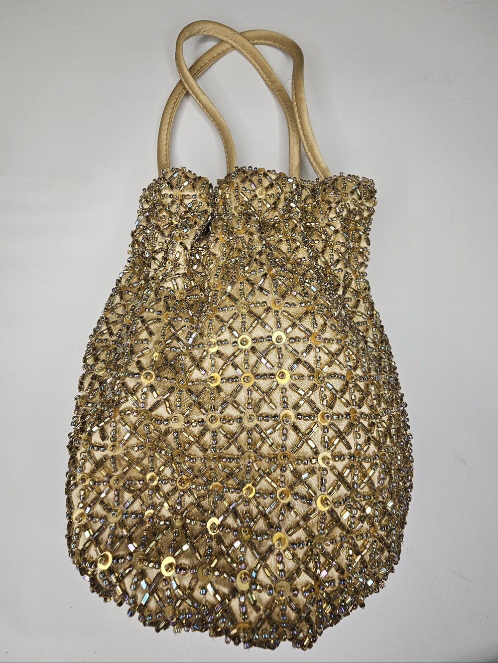Ann Taylor Vintage Gold Beaded Sequin Bucket Bag Drawstring Evening Pouch